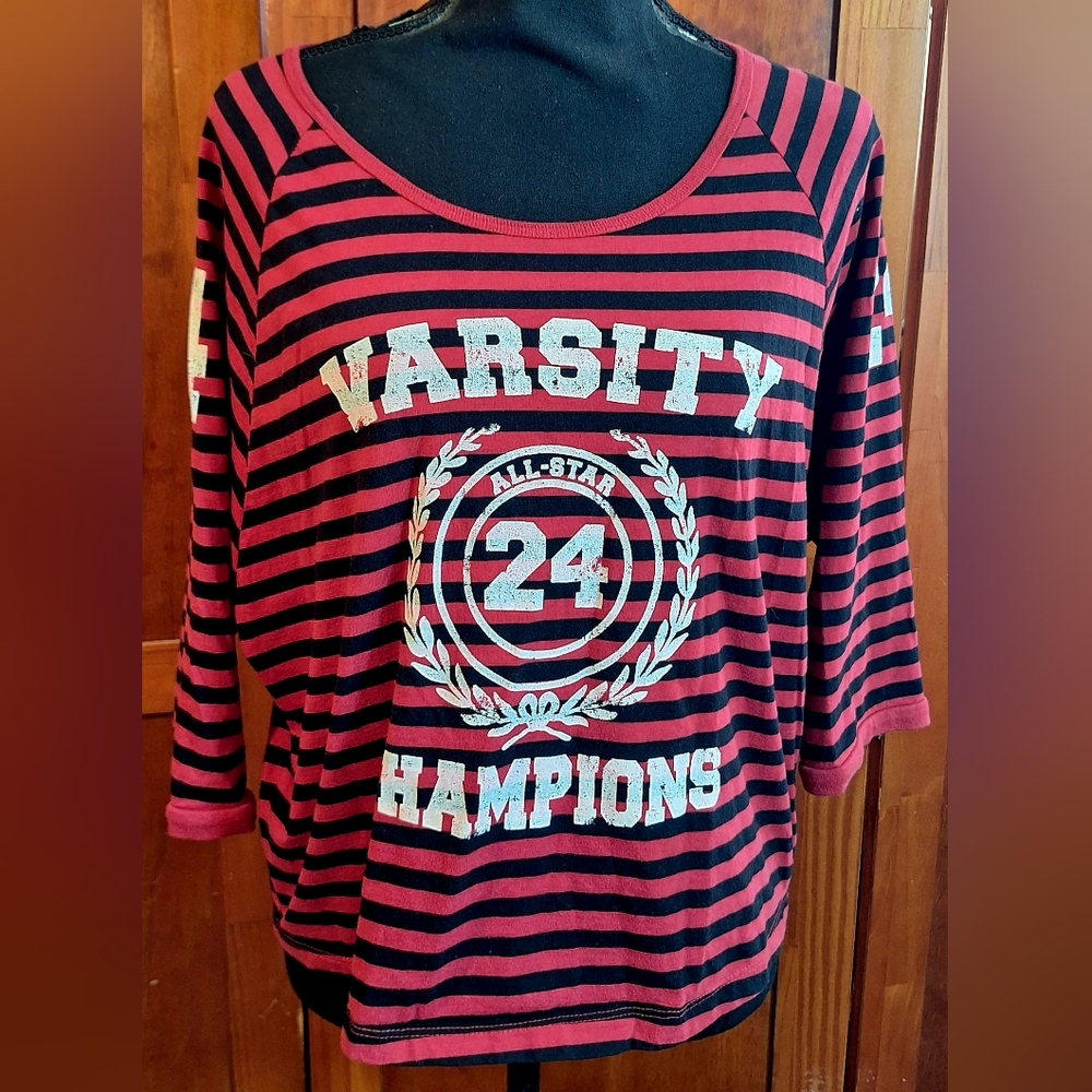 DEREK HEART Red and Black Striped Varsity Top with 3/4 Sleeves